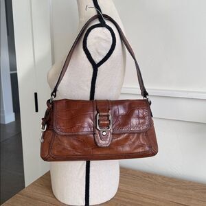 Fossil Y2K Brown Croc Embossed Leather Shoulder Bag Handbag Buckle Detail Soho